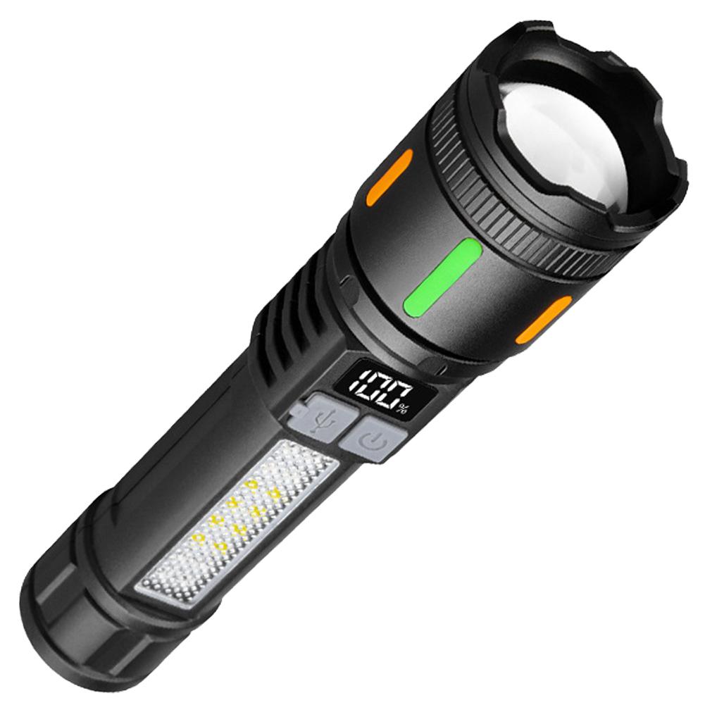 Strong Light Flashlight Power Display Handheld LED Flashlight with Side Light Super Bright Flashlight 1200mAh for Camping Hiking