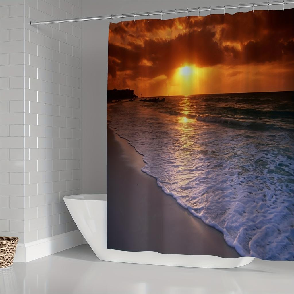 4pcs Sunset Ocean Beach View Shower Curtain Set Bathroom Sets Rugs With Non-Slip Bath Mat Toilet Lid Cover And U Shaped Rug