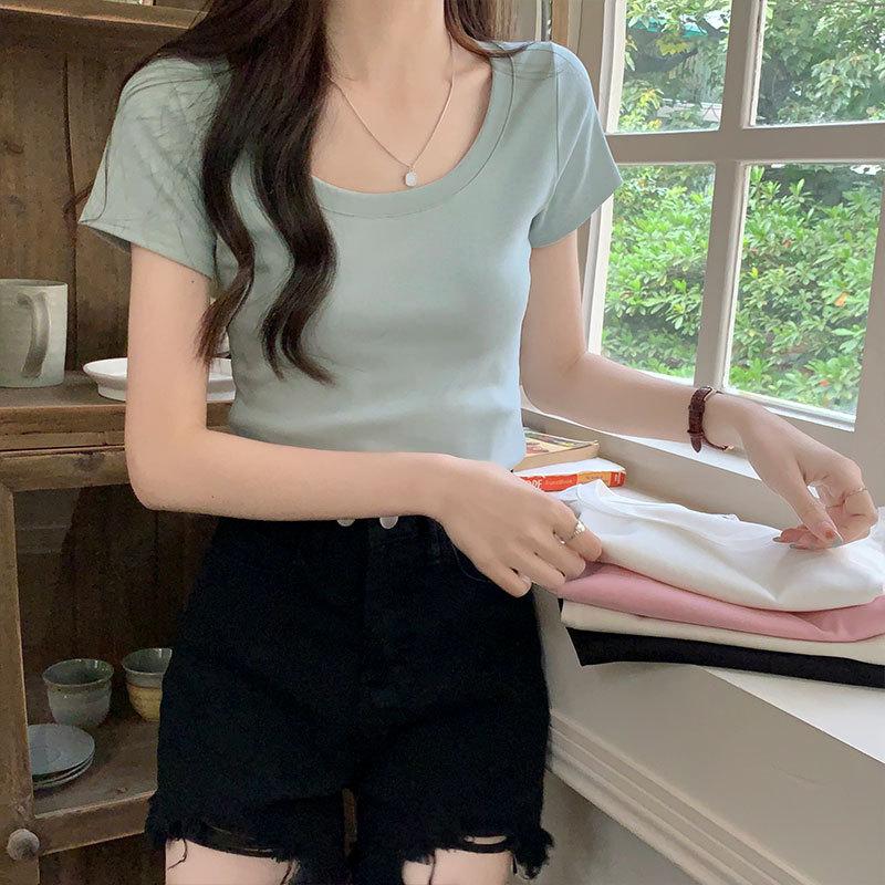 Solid color short-sleeved T-shirt for women 2024 summer new Hong Kong style chic versatile design round neck short stretch T-shirt