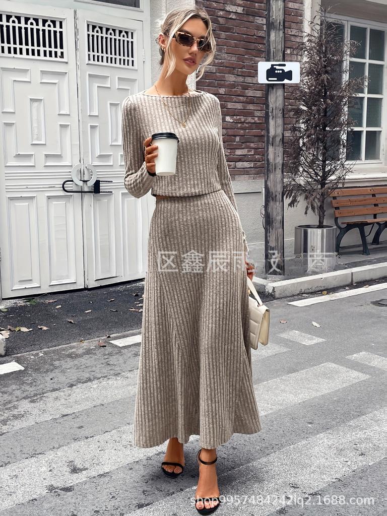 New Arrival  Autumn Women's Tight Fit Inner Wear Hole Crew Long Sleeve Casual Knit Set