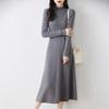 Slimming Mid-length Dress for Women Half Turtleneck Knitted Dress Solid Color A-line Sweater Dress for Autumn and Winter