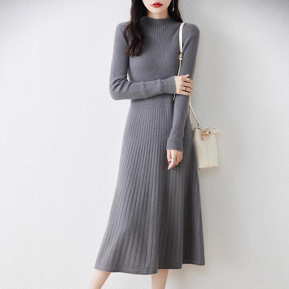 Slimming Mid-length Dress for Women Half Turtleneck Knitted Dress Solid Color A-line Sweater Dress for Autumn and Winter