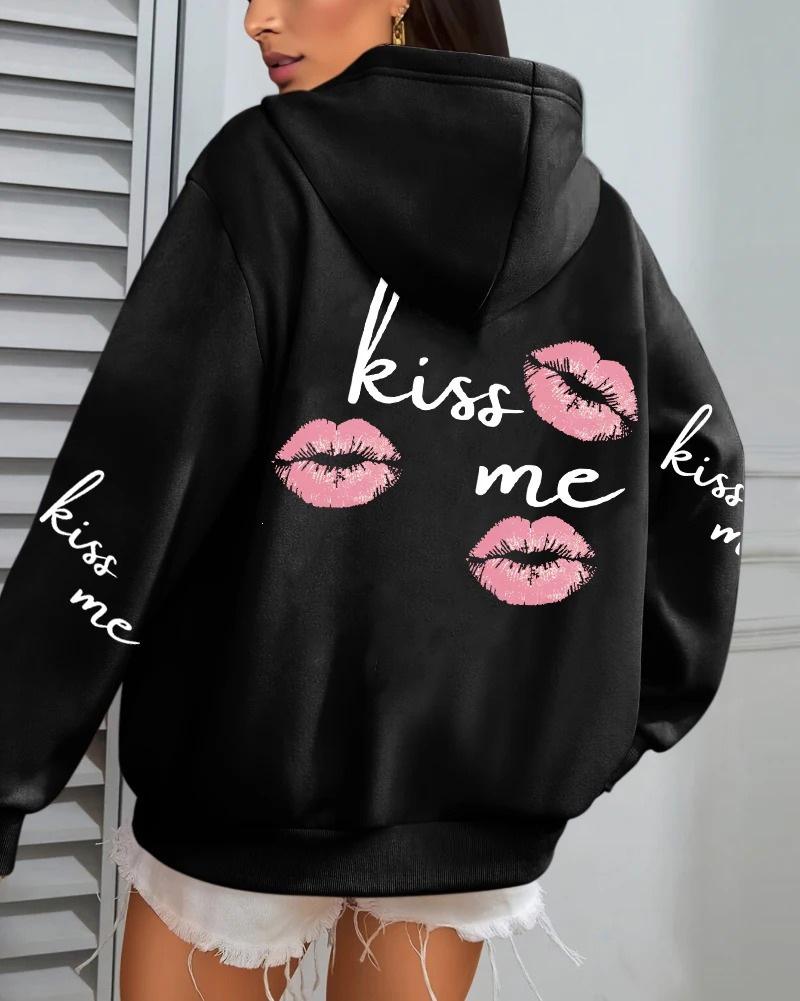 Kiss Me Lip Print Women's Autumn Fleece Hoodie with Pocket