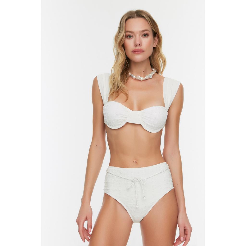 High Waist Bikini Bottom With Ecru Textured Belt Tbess21ba0167