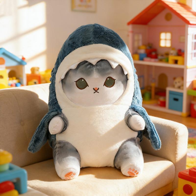 Klein Katje Met Een Haai Masker Pluche Speelgoed Knuffels Schattige Baby Knuffelpop Mini Kussen Decor Zacht Kinder Verjaardagscadeau