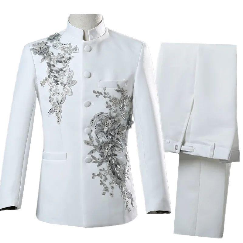 Blue Mens Lapel Trimmed Suit Two Piece Wedding Party Host Stage Performance  Fashion Long Sleeve Jacket with Long Pants