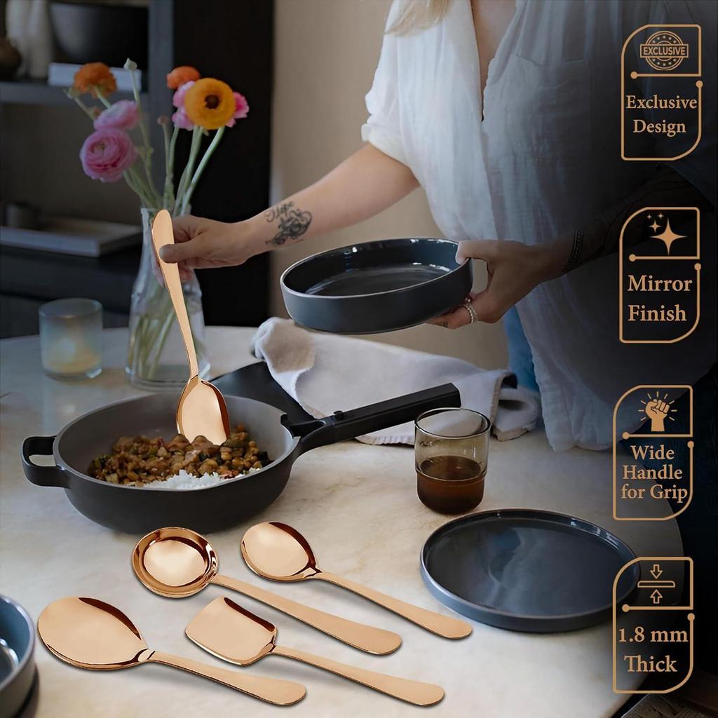 5 Pieces Stainless Steel Rose Gold Serving Spoon Set for Dining Table/Kitchen, 1.8 Mm Heavy Gauge