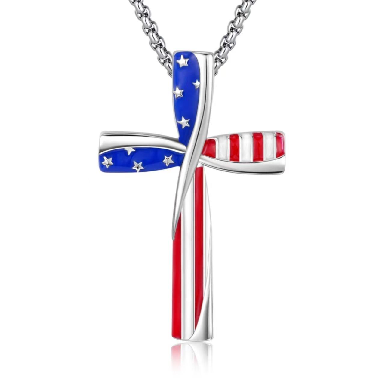1PC American Independence Day Cross Necklace Personalized Fashion Simple Versatile Flag Pendant Men s and Women s Necklace