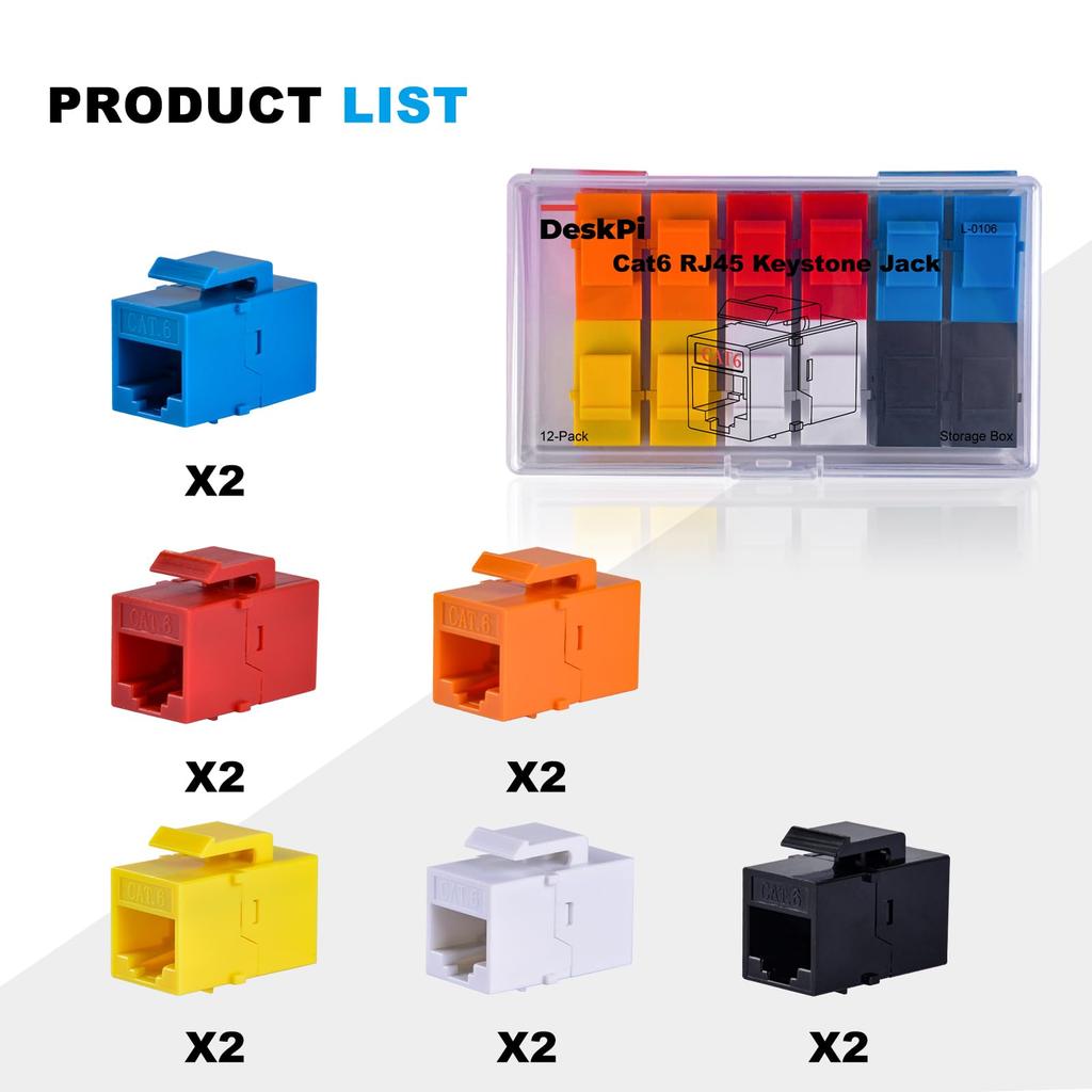 GeeekPi Cat6 RJ45 Keystone Jack Ethernet Keystone Jacks for Patch Multicolor 12-Pack Inserts, Panels,