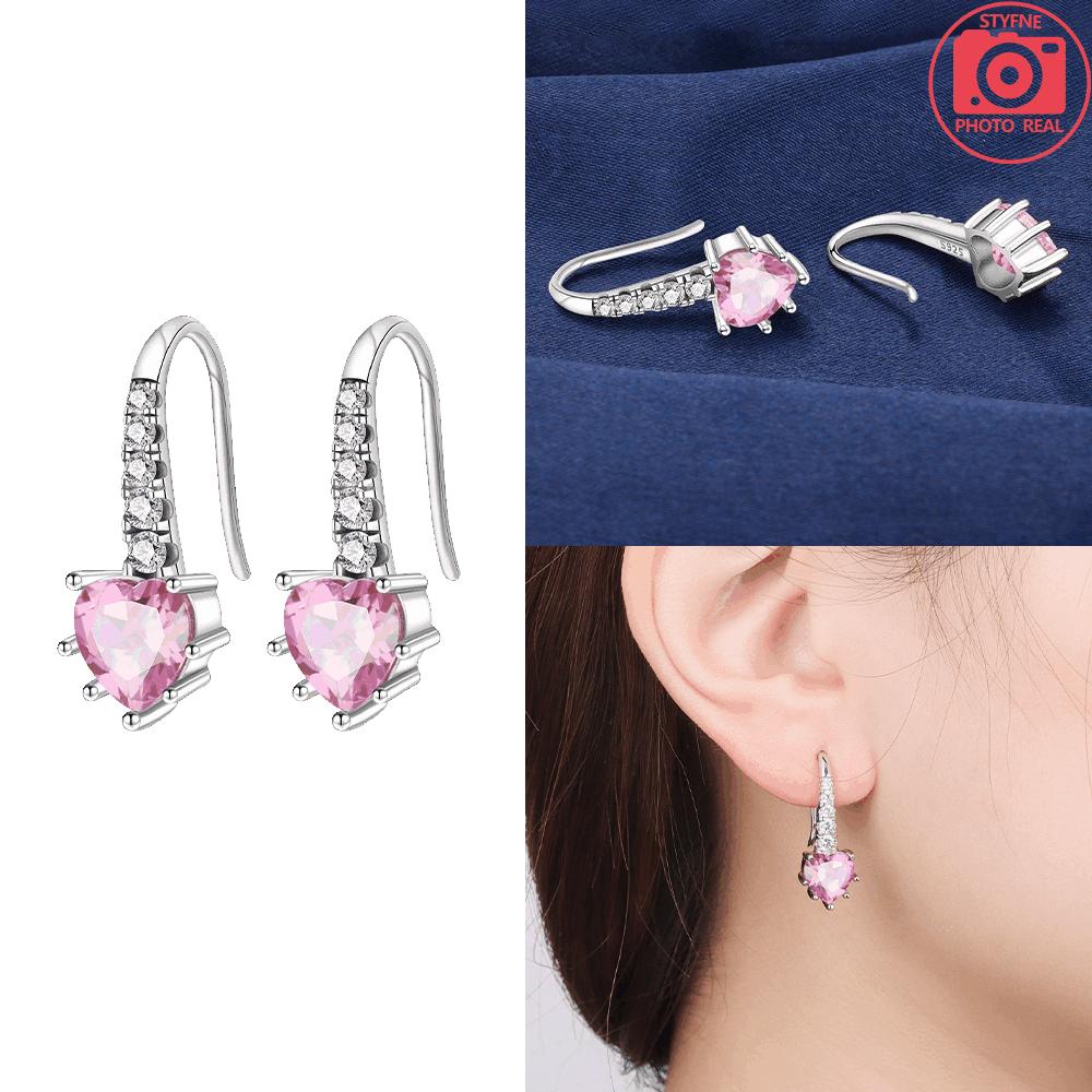925 Silver White Heart Zircon Earring Pink Heart Wings for Women's Earrings Anniversary Jewelry Delicate Fine Gift