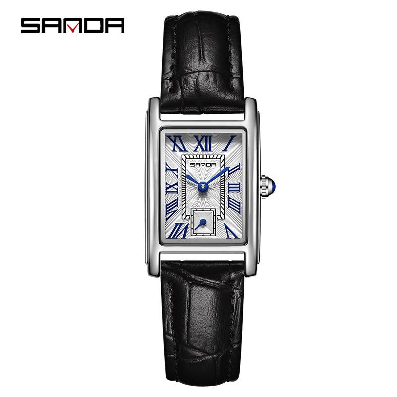 Stylish Sanda Square Steel & Leather Quartz Watch with Roman Numerals, Waterproof Design for Women