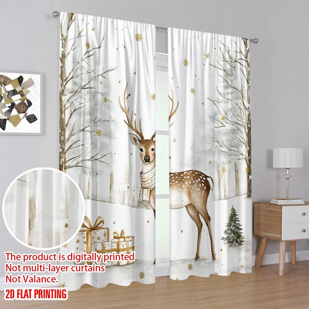 2pcs 2D Flat Printing Christmas Scene Curtain Elk2 Polyester Fabric Without Electricity Family Party Use for Indoor Celebrations