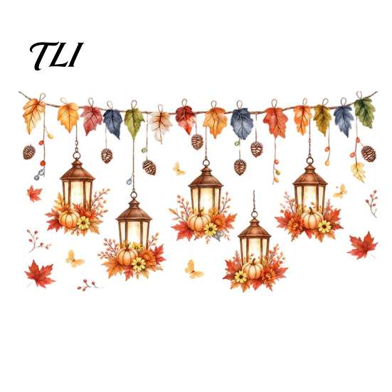 Pegatinas de Pared con Temática de Cosecha Hoja de Arce y Linterna de Otoño Pegatina Estática para Ventana, PVC Impermeable de Doble Cara Pegatinas Decorativas de Otoño para el Hogar, Extraíbles
