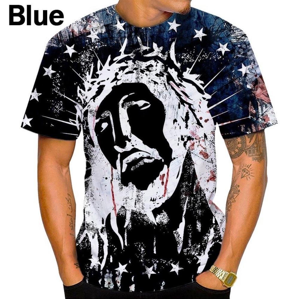 Jesus Summer's new fashionable and casual 3D printed men's round neck short sleeved top T-shirt