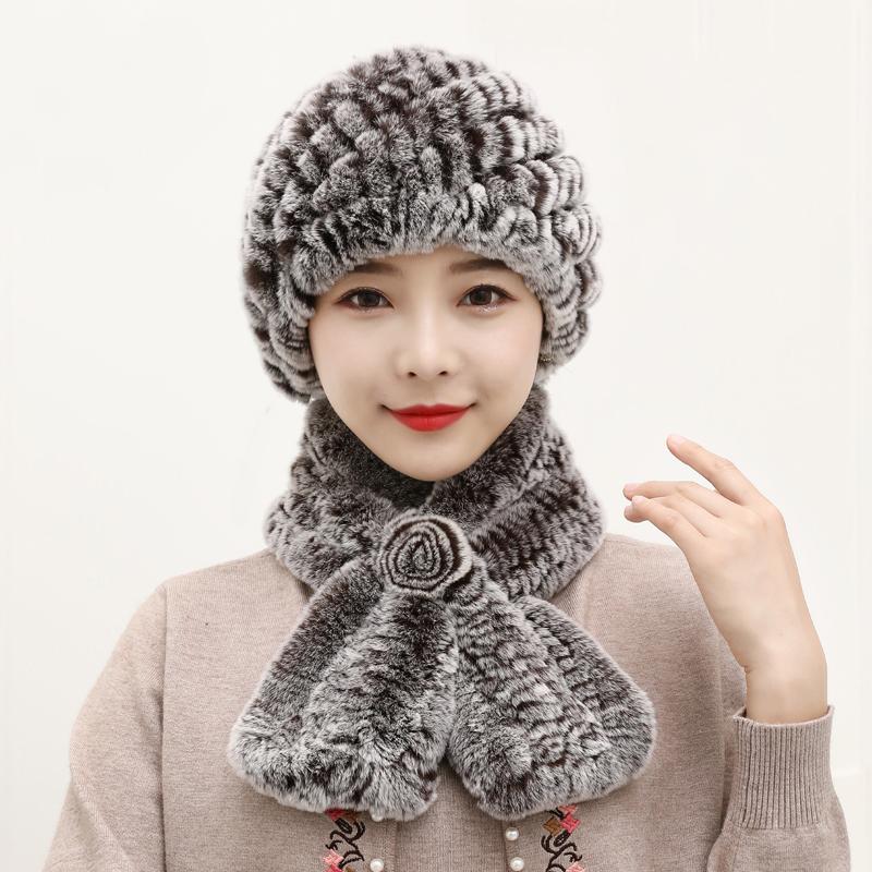 Winter Knitted 100% Natural Fur Hats Scarves Sets Women Warm Real Rex Rabbit Fur Hat Scarf Lady Fashion Thick Rex Rabbit Fur Hat