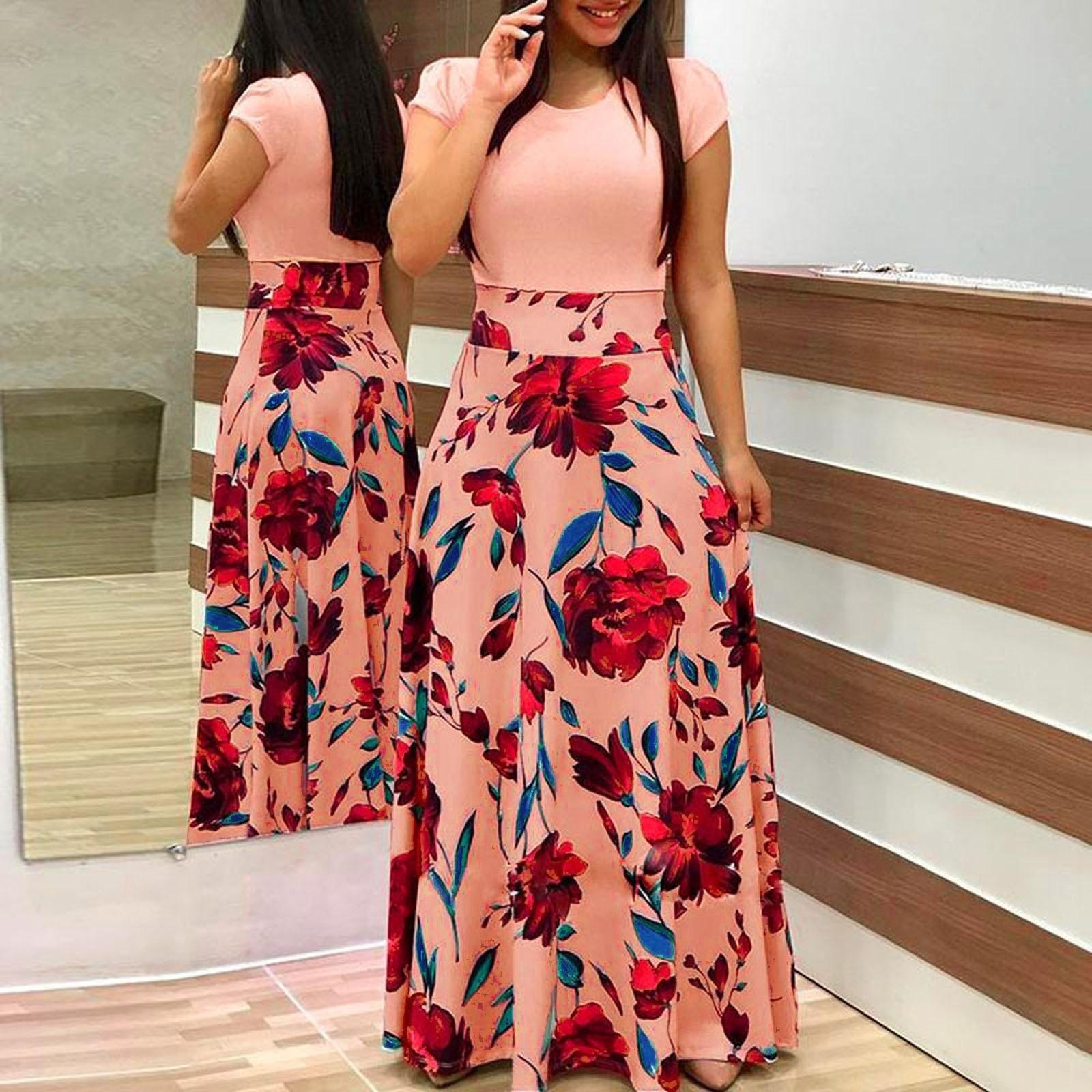 Женское модное повседневное платье макси с цветочным принтом и коротким рукавом — фото 6