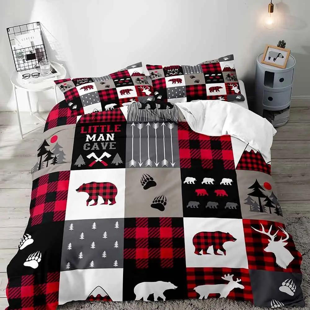 Farmhouse Duvet Cover SetBlack Bear Deer Elk Moose Forest Animal Wildlife Lodge Rustic Bedding Set KingSage Green Brown Plaid