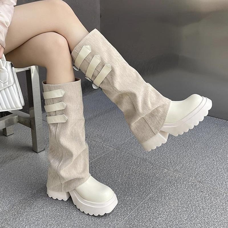 Belt Buckle Canvas Patchwork Knee Boots Women 2025 Autumn Punk Chunky Platform High Heel Botas Y2K Thick Bottom Boots