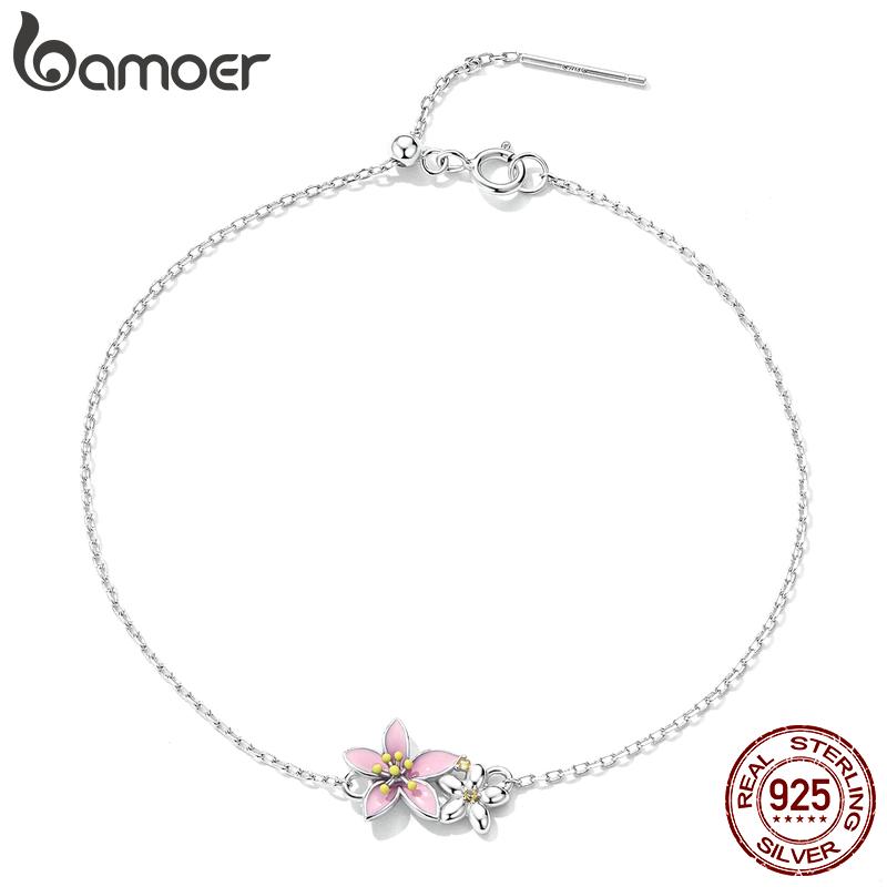 

BAMOER стерлингового серебра 925 пробы красивый браслет с вишневым цветом регулируемая серебряная цепочка в виде змеи для женщин изысканные ювелирные изделия подарок 925 silver