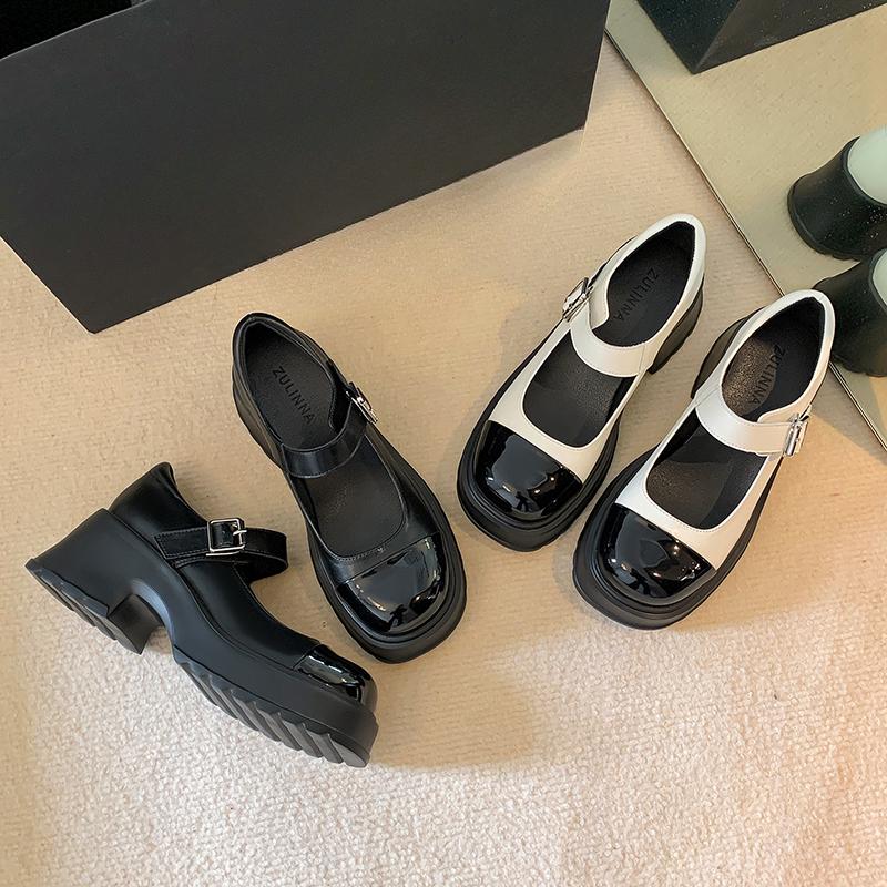 Platform Mary Jane Shoes High Heels Small Shoes Thick Heel One Word Black And White Color Matching British Style Japanese Loafers