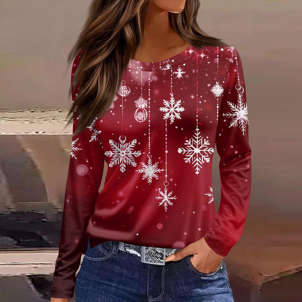 Women's Fashion Casual Slit Hem Round Neck Long Sleeve Loose Christmas Printed T-Shirt Ladies Top