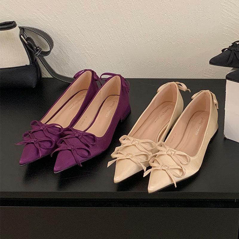 Fashion Butterfly-Knot Fashion Pointed Toe Ladies Heels Pumps Shoes 2025 New Silk Female Slip On Footwear Shallow Women Low Heel Shoes