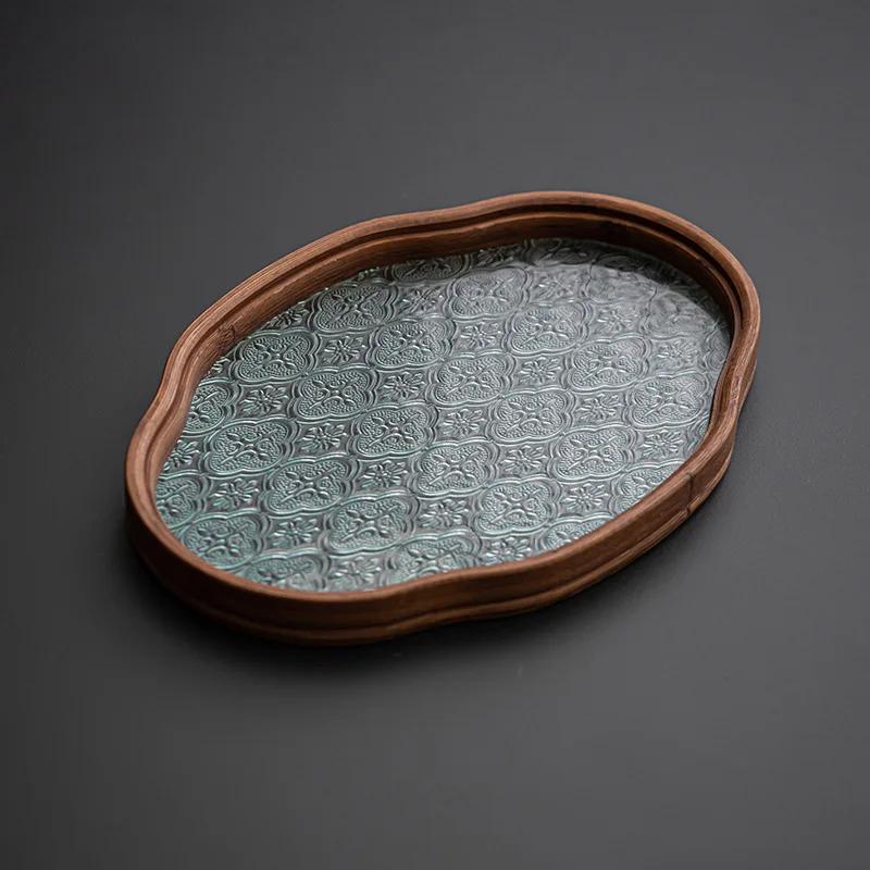 Japanese-style Wood Tray Retro Glass Tray Cake Candy Kung Fu Tea Jewelry Decor Tray Dessert Storage Dish Home Decor Posing Prop