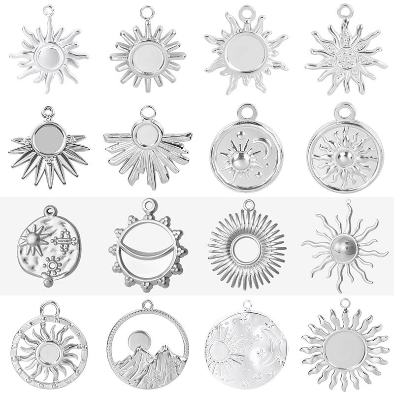 5pcs/Lot Silver Color Le Soleil Pendentif Stainless Steel Charm Pendants For Jewelry Making Supplies Metal Sun Charms Decoration
