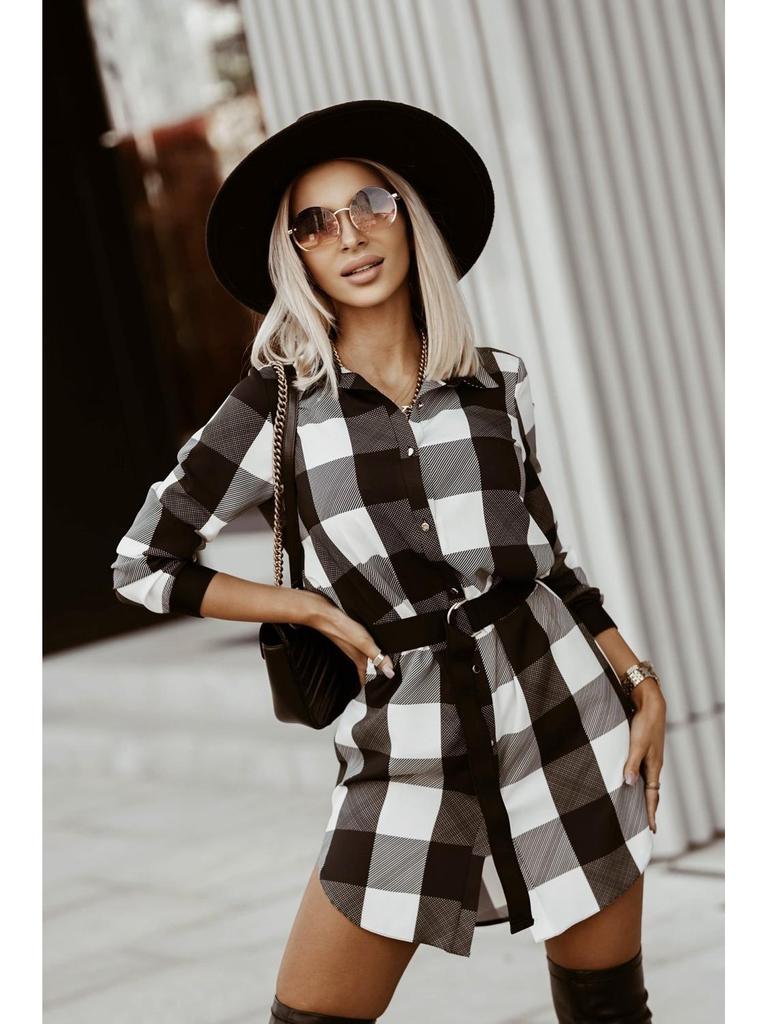 2021 Autumn/Winter Plaid Shirt Dress with Waist Tie & Turn-Down Collar
