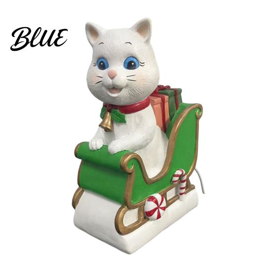 Christmas Cat Night Light Sleigh Light Synthetic Resin Decorative LED Indoor Party Decor USB Powered Lighted Figurine for Festive Holiday Cute Animal
