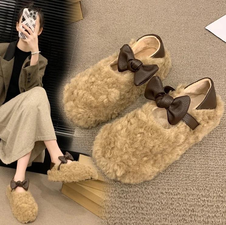 Fashion Luxury Sheep Fur Lined Loafers Women Lambswool Shoes Ladies Winter Slip On Furry Flats Cotton Wool Mocasine Femme Barefoot Boots