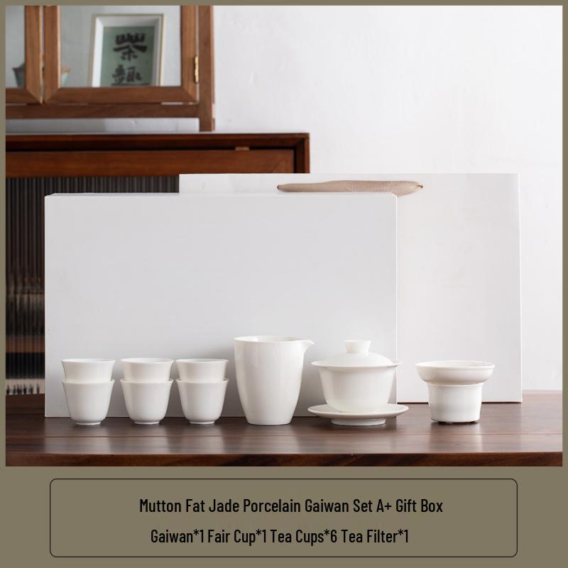 Lux Mutton Fat White Porcelain Kung Fu Tea Set: Gaiwan & Teacup with Portable Gift Box