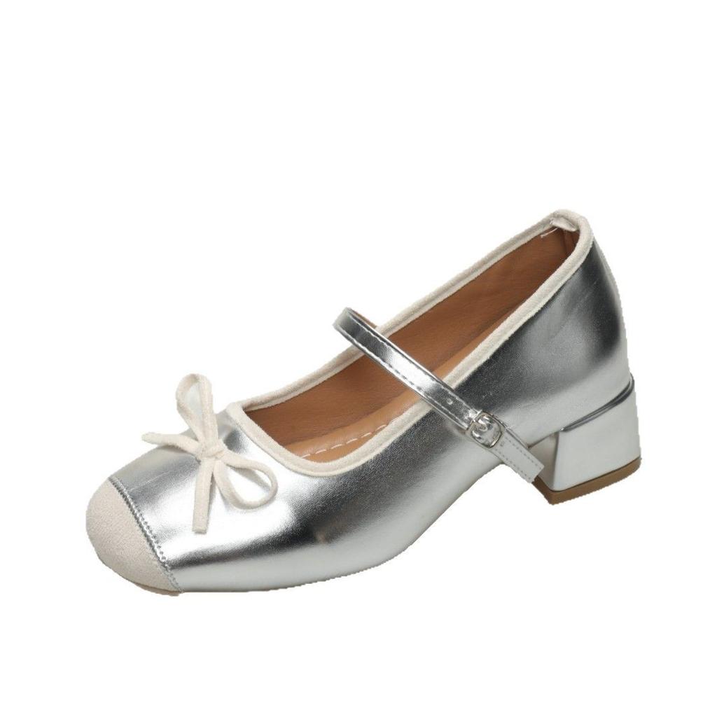 2025 New Mary Jane Shoes French Spring and Summer Light Mouth Skirt Wind Ballet Round Head Silver Year Flat Single Shoes Women