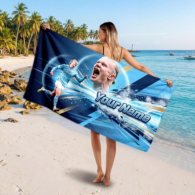 Erling Haaland Benutzerdefiniertes Strandtuch, Personalisierter Namens-Textdruck, Fußball-Logo Weiches Schnelltrocknendes Handtuch Urlaubsgeschenk