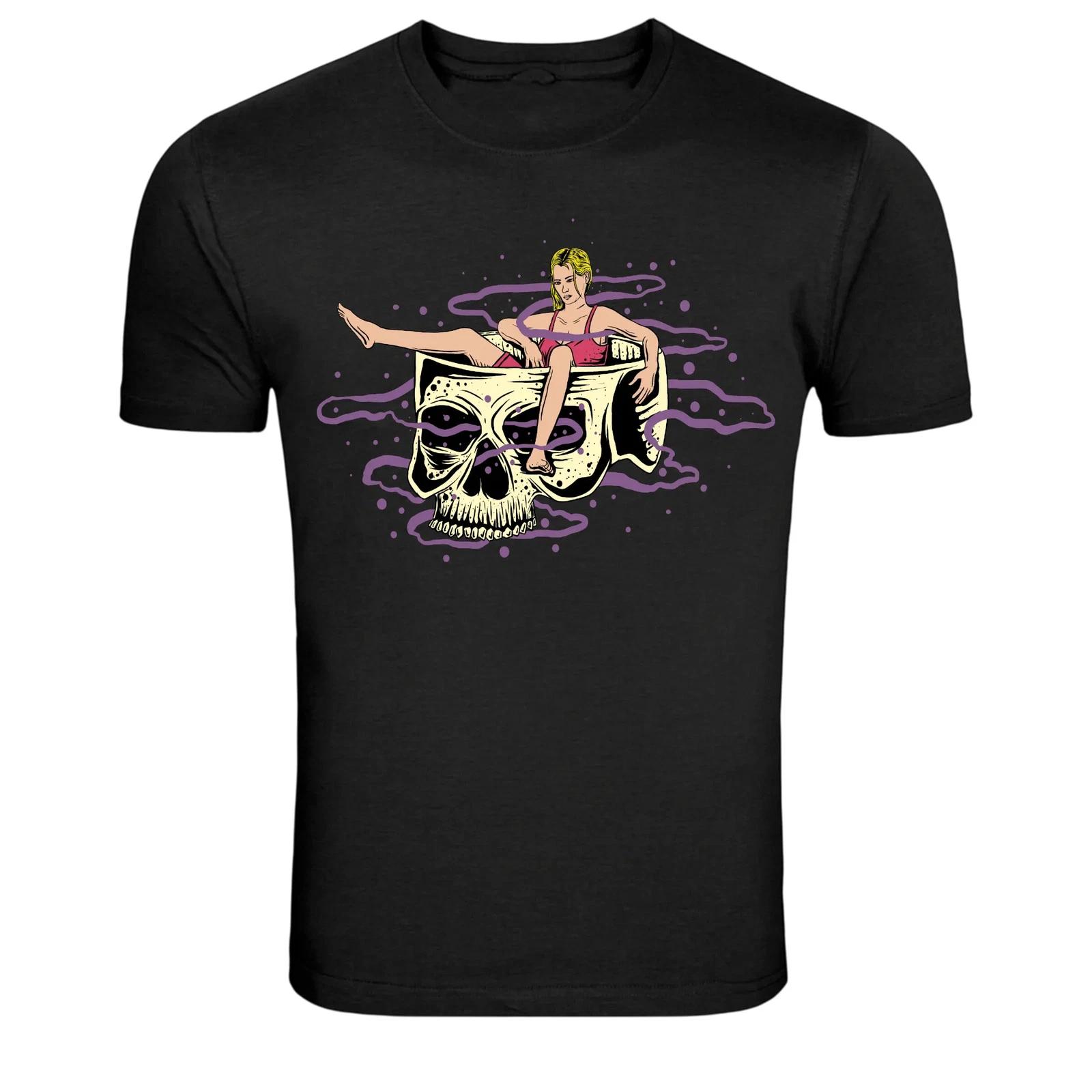 Pinup Girl Sitting On Skull Dark Art Graphic T-Shirt S