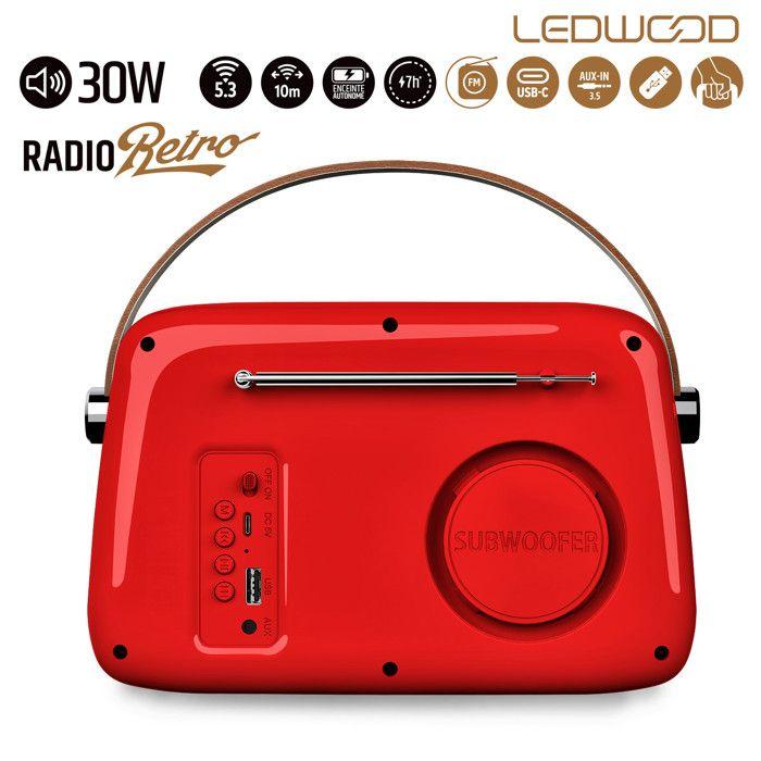 Radio Rétro portable Ledwood ALMA, FM, Bluetooth 5.3 Entrée USB, Puissance 30W - Batterie 3,7V-1500mAh - Retro Vintage - Rouge