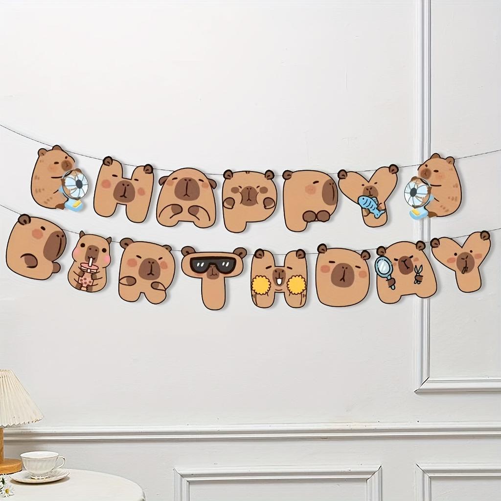 Cute Capybara Happy Birthday Banner, cartoon paper pull flag, ideal for kids' birthday, room & entrance decor.