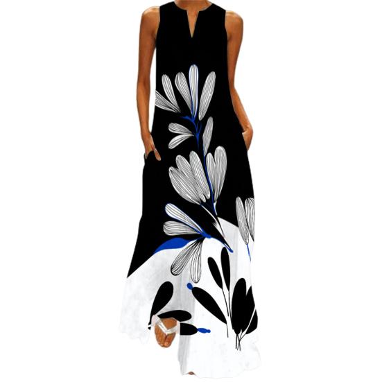 Maxi Dress Printed Elegant Women Sleeveless V Neck Skirt for Banquet