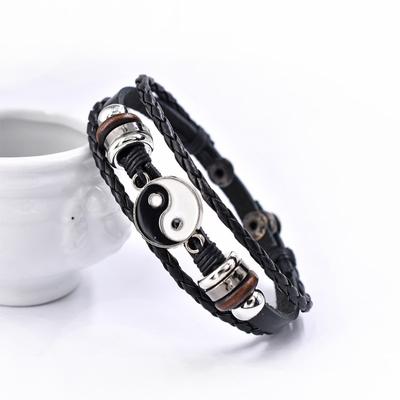 Kožené náramky Yin Yang Tai Chi Punk pro ženy Šperky Vintage vícevrstvé náramky Náramky s knoflíkem z korálků pro muže