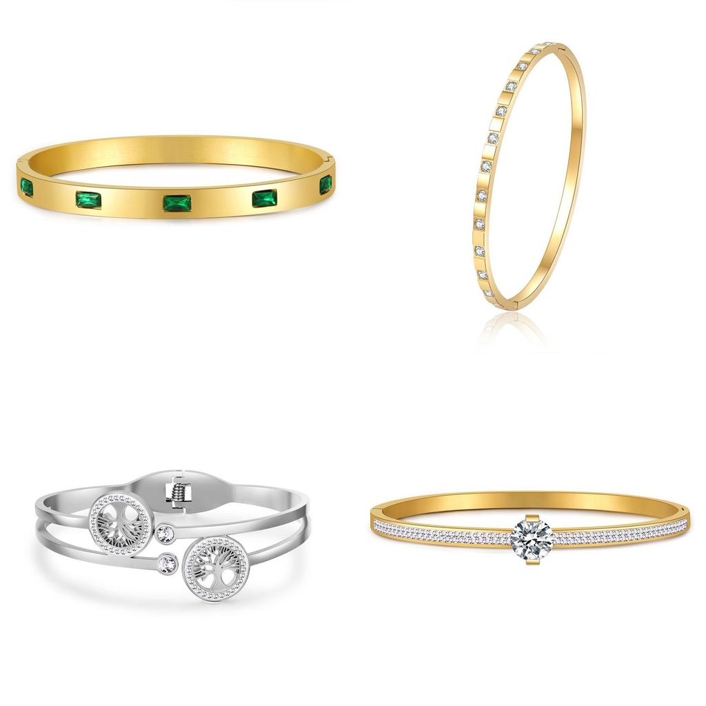 Modern Vintage Titanium Steel Bracelet For Women With Green Zircon For Casual Wear