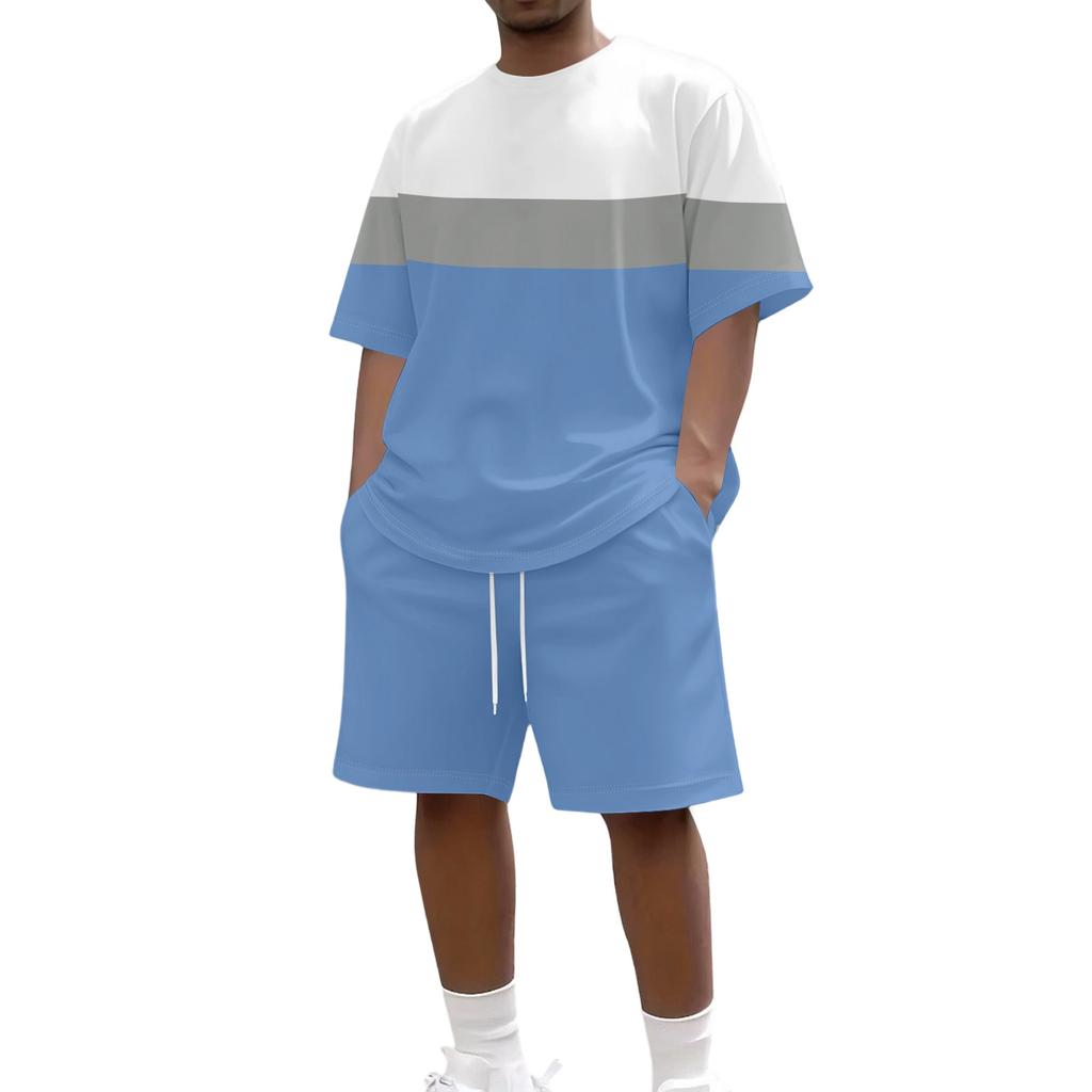 Men Stripe Print Casual Short Sleeve Crewneck Top and Shorts Two Piece Set Relaxed Fit Lightweight Outfit