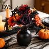 Harvest Party Decoration Halloween Artificial Flower, Fall Faux Sunflower Rose Bouquet with Black Retro Autumn Flowers Maple Leaves, Fake Floral