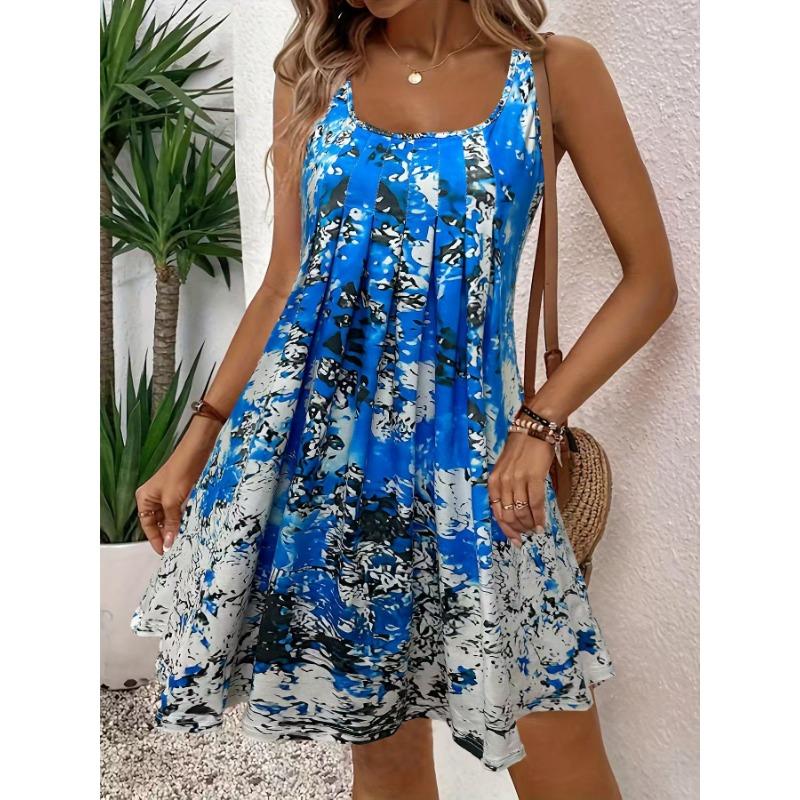 TIFICY Women s Fashion Summer Spring Colour Block Print Sleeveless Square Collar Loose Waistline Casual Dresses S синий