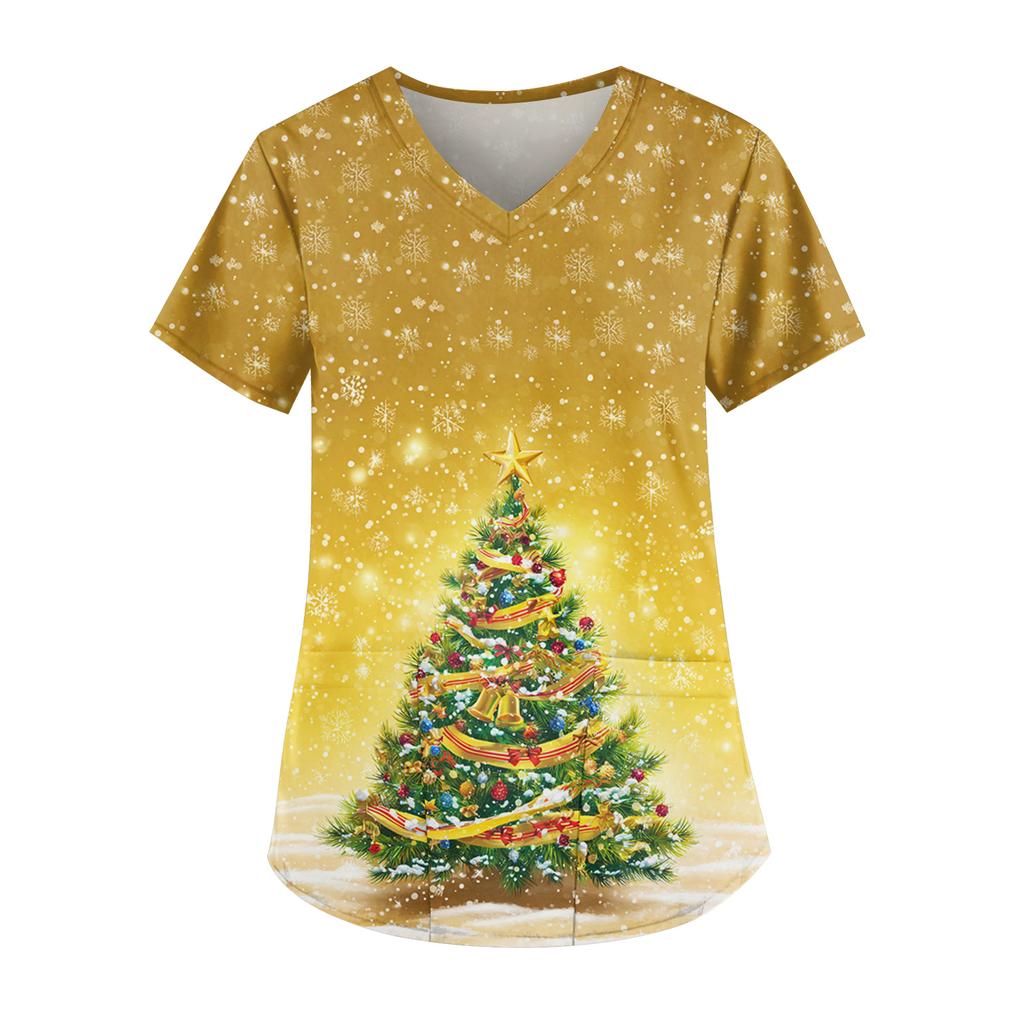 Ladies' Fashionable V-neck Pocket Short Sleeved Christmas Tree Printed Caregiver Uniform