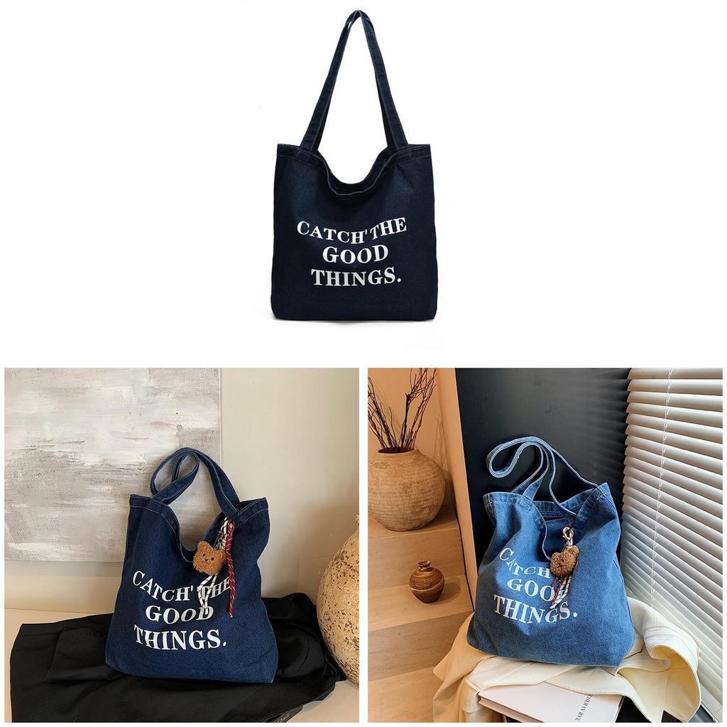 Denim Tote Bag For Women With Double Shoulder Straps Large Capacity Crossbody Style