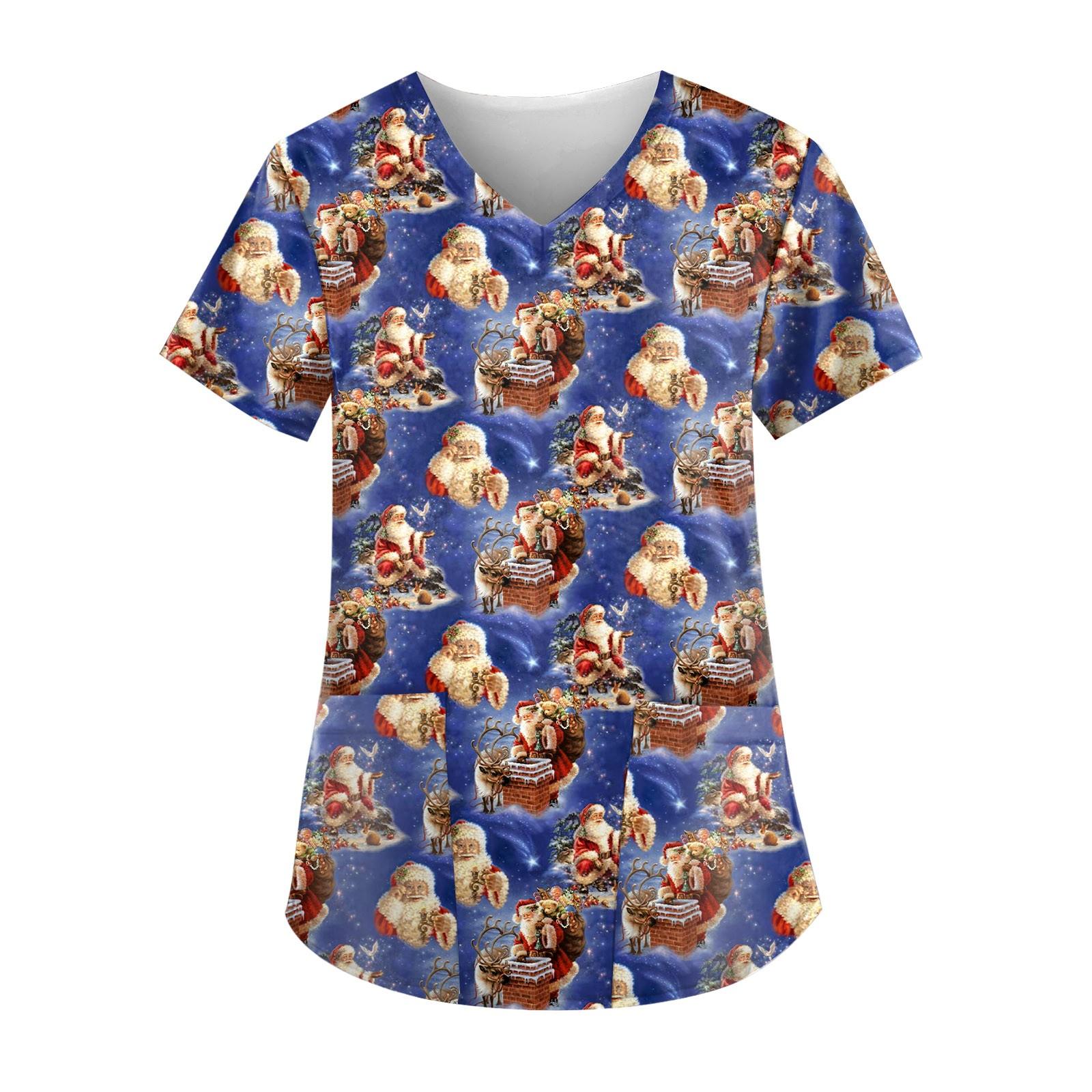 

Women s Christmas Printing Short Sleeve V-neck Tops Working Pocket Blouse Shirts Uniform XL