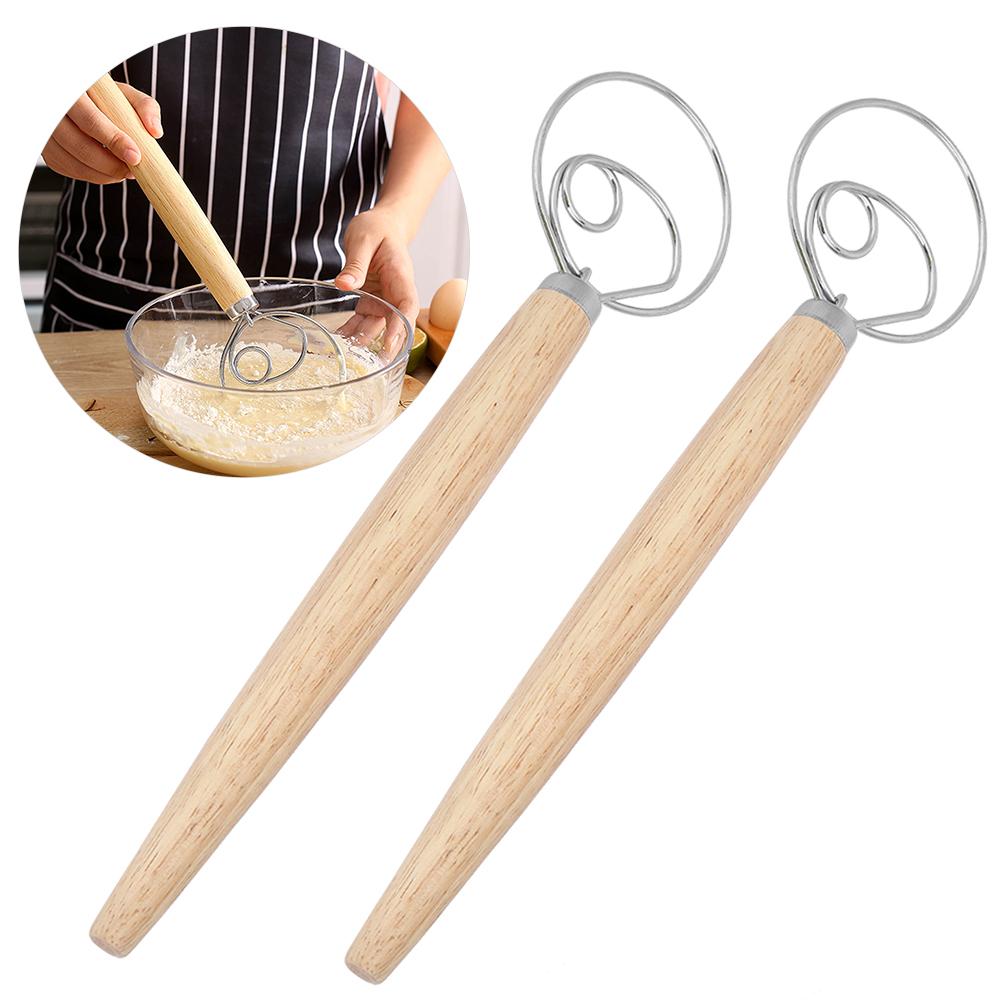 2Pcs Stainless Steel Dough Mixer Blender Manual Eggbeater with Oak Handle Kitchen Accessory