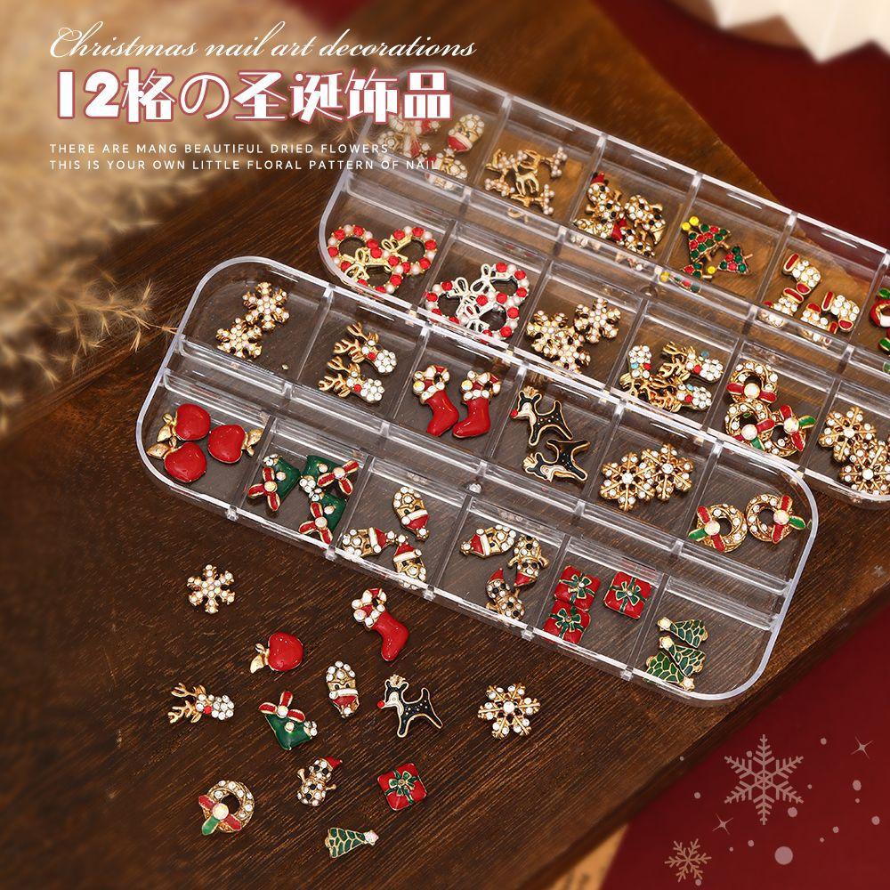 12 Grid Christmas Series Nail Jewelry Mixed Alloy Snowflake Deer Santa Claus Wreath Decoration