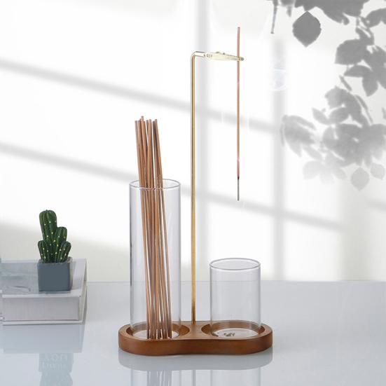 Räucherstäbchenhalter mit transparentem Glas-Aschefänger Holzfuß Räuchergefäß mit Klemme Heim Büro Schreibtisch Yoga Meditation Dekoration
