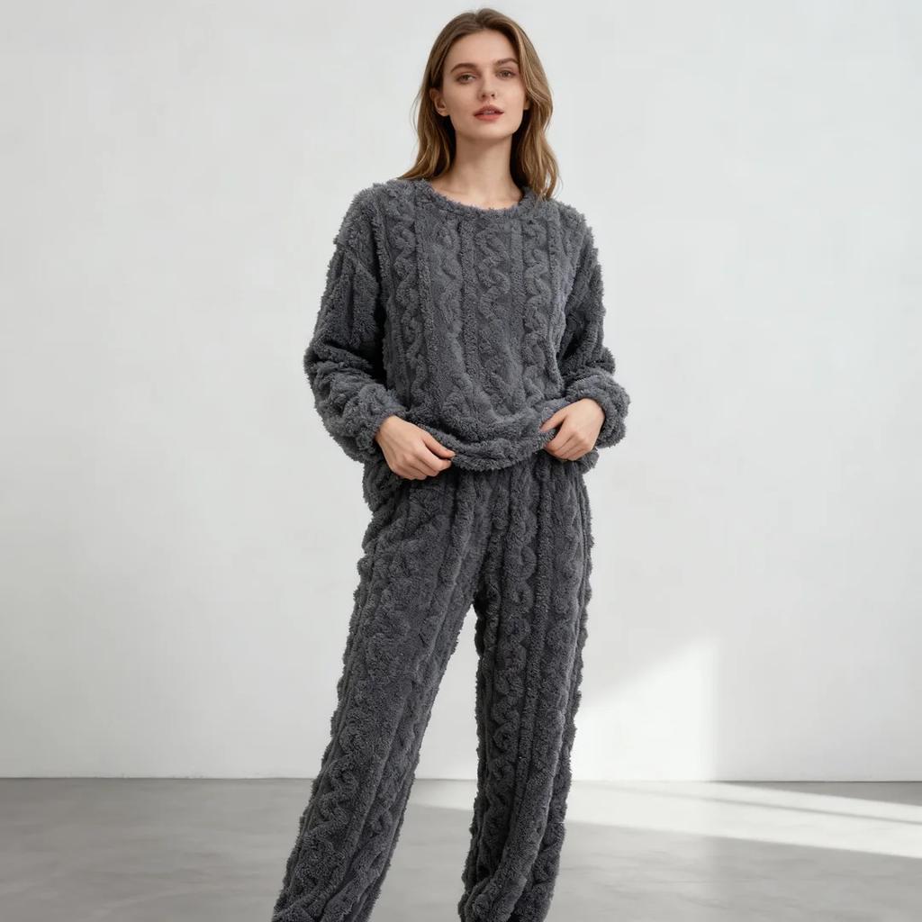 Autumn Women Solid Warm 2 Piece Sets Thicken Velvet Ribbed Fleece Set Pullover and Pants Women Casual Pajama Sets